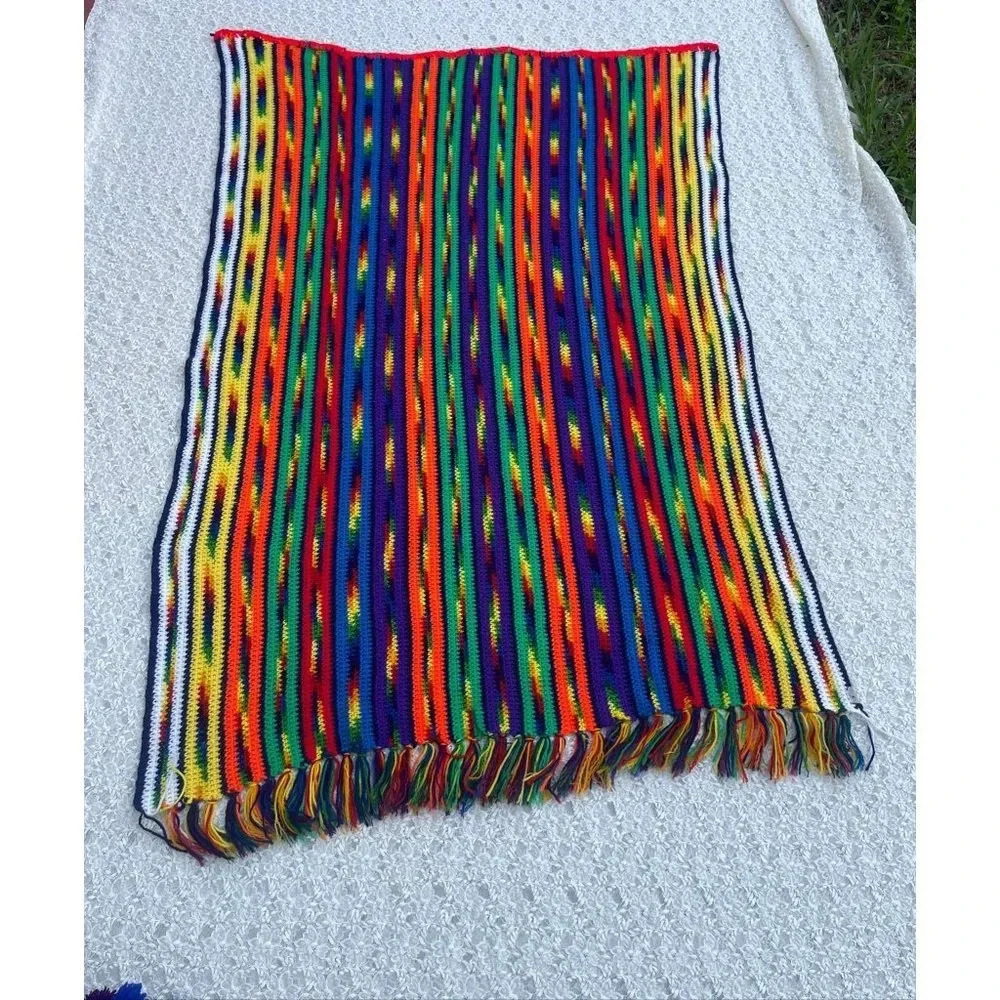 Rainbow Colors Granny Crochet Afghan Tasseled Fringed Blanket Multi 42"